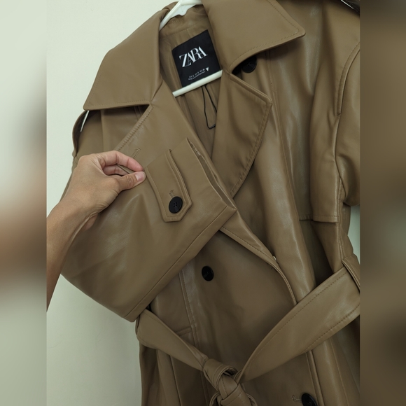 ZARA FAUX-LEATHER BELTED TRENCH COAT LIGHT BROWN S New without tags - Picture 6 of 9